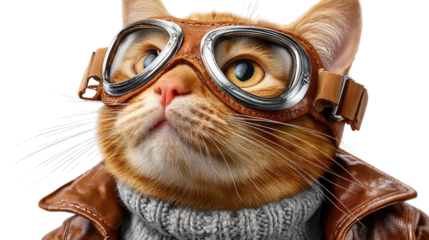 Cat in Pilot Gear: A close-up shot of a charismatic ginger cat, dons pilot goggles and a leather jacket. The cat gazes upwards, ready for an adventure, showcasing confidence and curiosity. 
