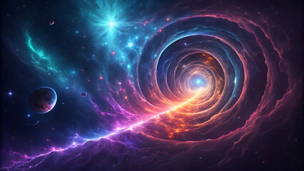 Fototapeta premium A breathtaking cosmic wormhole swirling through space, illuminated by vibrant nebulae and distant stars, inviting viewers on a fantastical journey through the universe and beyond the boundaries of kno