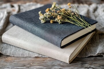 Two linen-covered books stacked on rustic wood, adorned with dried flowers.