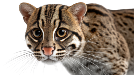 Ocelot Stare: A close-up shot of a striking ocelot's face showcases its mesmerizing eyes and intricate coat pattern, embodying the allure of wildlife observation.
