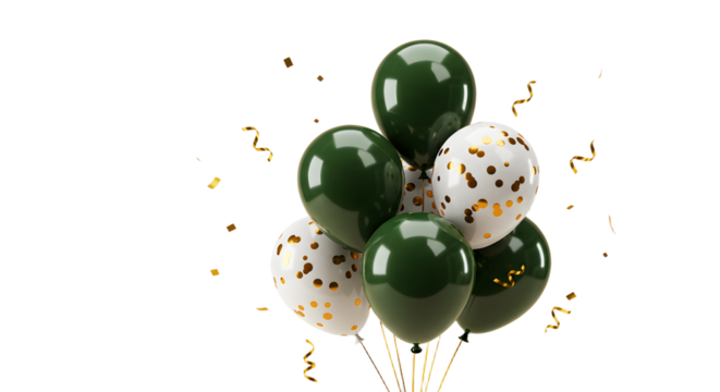 Green and white balloons with gold confetti isolated on white background, festive decor perfect for celebrations and parties