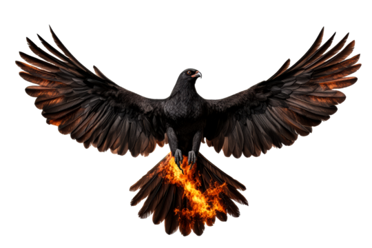 Majestic black bird with fiery tail soaring in clear space