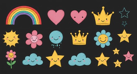 Whimsical Chalkboard Icons Rainbow Hearts Crowns Sun Clouds Flowers and Stars.