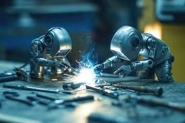 Two miniature robots collaboratively weld metal pieces, showcasing advanced automation and precision engineering.