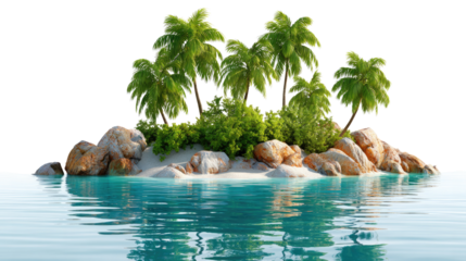 Tropical Paradise Island Scene: A tranquil island paradise with lush palm trees and vibrant turquoise waters, embodying the serene essence of a tropical escape. 