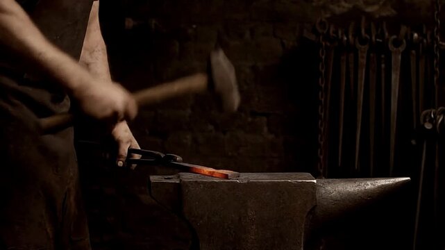 A blacksmith hammers a hot piece of metal on an anvil with blacksmithing tools in the background