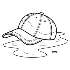 Black and white line drawing of a baseball cap resting in a puddle of water