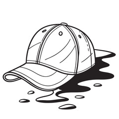 Black and white line drawing of a baseball cap resting on a puddle of water