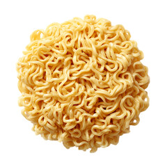A top down view of a circular mound of uncooked ramen noodles on a transparent background