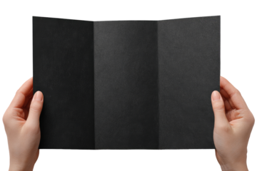 Hands holding a tri-fold black brochure