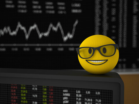 Knitted wool emoji with glasses smiling in front of stock market chart