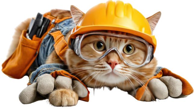 Cat in Construction: A curious ginger cat dons a miniature construction worker's attire, complete with a yellow helmet and protective glasses,ready to start building