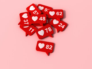 3d render of social media like icons with heart rating symbols