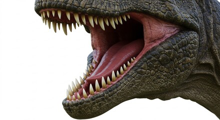 Obraz premium Gueule Tyrannosaure ouverte detail eclairage vif dents acerees. AI Generated