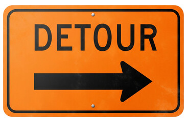 Orange detour sign with black arrow pointing right isolated on transparent background