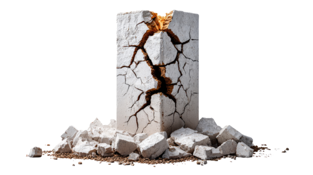 Cracked Concrete Column: The powerful image features a cracked concrete column, its structure shattered by an unseen force, signifying structural instability and the effects of a crisis. 