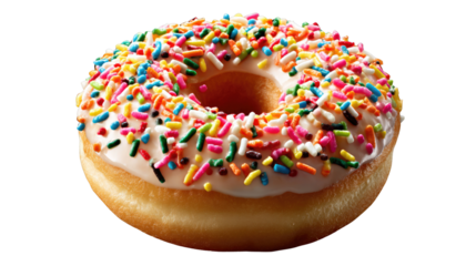 Sprinkle of Sweetness: A freshly baked donut coated in a luscious glaze and a vibrant array of rainbow sprinkles, a delightful treat.