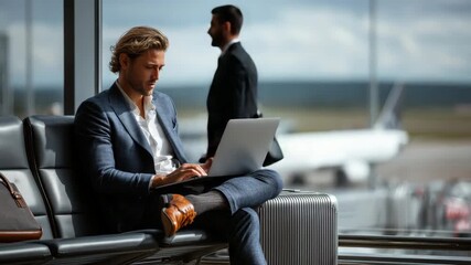 Businessman Working Remotely at Airport Terminal Before Flight Departure