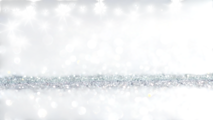 Sparkling silver glitter background with bokeh lights and hanging stars creating a festive holiday atmosphere ideal for Christmas designs