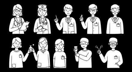 Healthcare Heroes: Line Art Illustration of Medical Professionals (Doctors, Nurses, Surgeons) in Uniforms