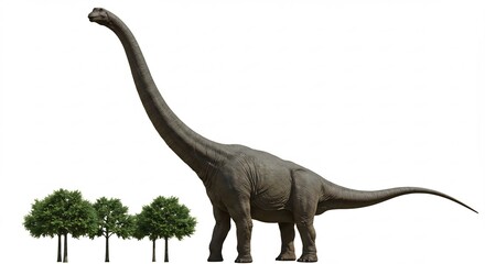 Obraz premium Grand dinosaure paisible se dresse fi�rement fond blanc arbres miniatures lumiere douce. AI Generated