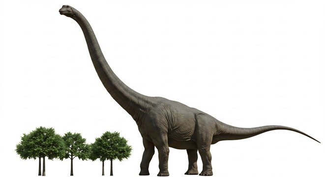 Grand dinosaure paisible se dresse fi�rement fond blanc arbres miniatures lumiere douce. AI Generated