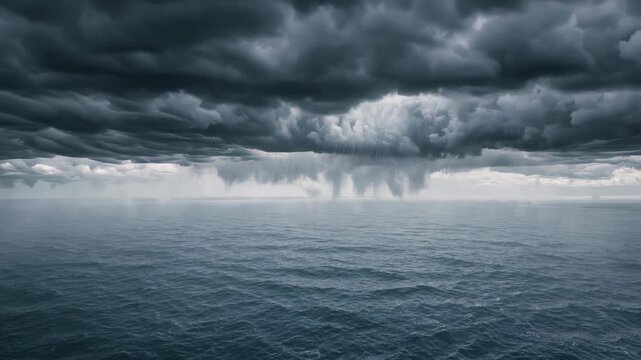 Heavy clouds and funnel formation over open sea with calm water. Concept of natural power and impending storm
