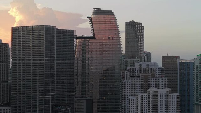 Drone view of downtown Miami skyline at sunset from over Biscayne Bay