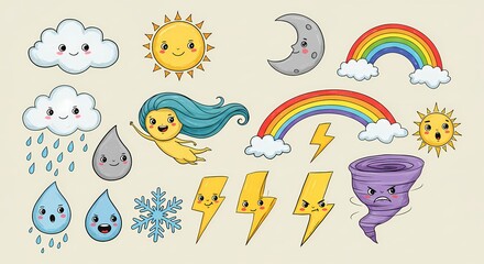 Whimsical Weather Elements Cartoon Clouds Sun Moon Rainbows and Storms.