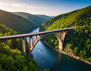 Magical Sunrise Over Wooden Bridge in Misty Forest with Flowing River and Lush Greenery