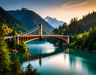 Obraz premium Magical Sunrise Over Wooden Bridge in Misty Forest with Flowing River and Lush Greenery