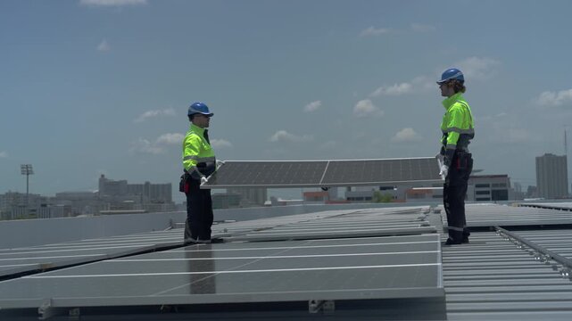 Examining Rooftop Solar Panels Technicians Teamwork for Sustainable Energy Solutions and Renewable Energy Implementation