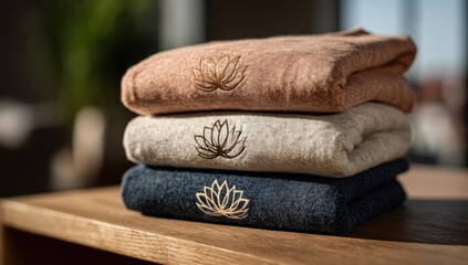 Soft, folded towels in three neutral tones, stacked on a light brown wooden surface.  A subtle lotus flower embroidery accents each