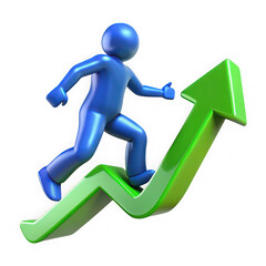 Blue 3d figure running up a green upward trending arrow isolated on transparent background