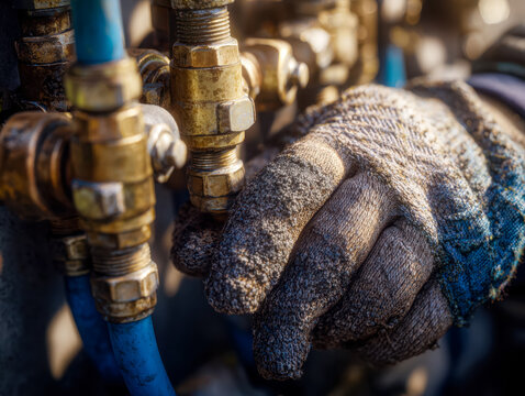 Close-up of a worker?s gloved hand adjusting industrial piping and valves