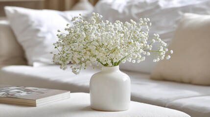 White flowers in a simple vase on a table.