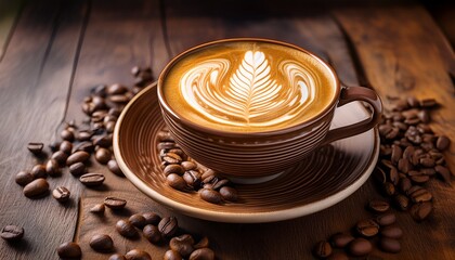 handmade ceramic cup with a detailed design holds rich coffee topped with delicate latte art placed beside scattered coffee beans on a rustic wooden surface