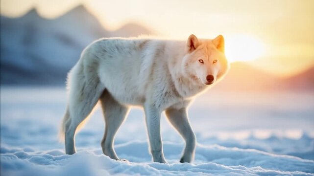 Arctic wolf standing in snow with mountains and sunset in the background looking to the right animal video