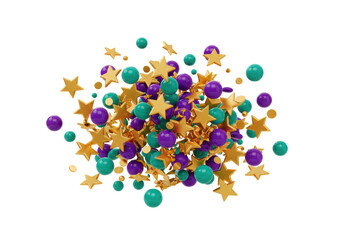 Isolated Pile of Golden Stars, Teal, and Purple Spheres, Representing Festive Confetti and Celebration