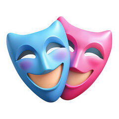Two smiling theatrical masks one blue and one pink isolated on transparent background