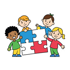 A little kid boy sits focused, happily playing with a colorful jigsaw puzzle, fitting pieces together with curiosity and joy as he builds the full picture piece by piece.
