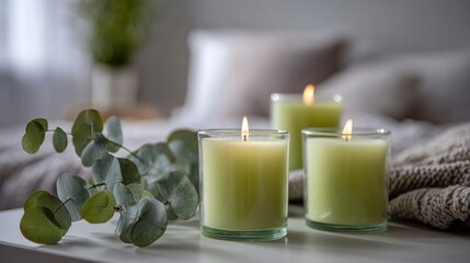 Soft, calming candles with eucalyptus sprigs.