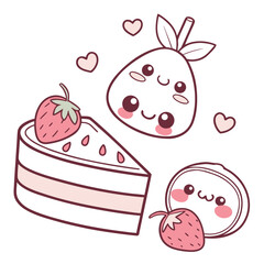 Cute kawaii dessert illustration with cake, strawberry and pear isolated on white background