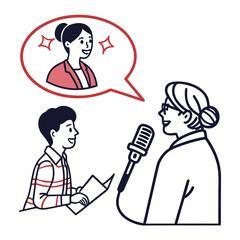 Woman is recording a podcast with a man isolated on white background