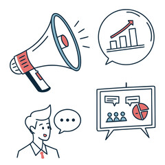 Hand drawn illustration of business presentation with megaphone isolated on white background