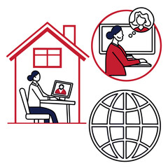 Woman working from home and connecting with colleague isolated on white background