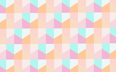 Modern geometric pattern of interlocking triangles in soft pastel shades of pink, orange, and mint green. Playful and charming.
