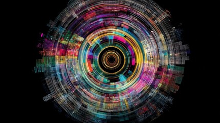 Abstract circular digital interface with vibrant colors on black background.