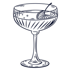 Elegant cocktail glass with cherry isolated on white background in line art style