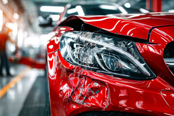 Fototapeta premium Damaged red sports car with front-end impact in an automotive repair shop
